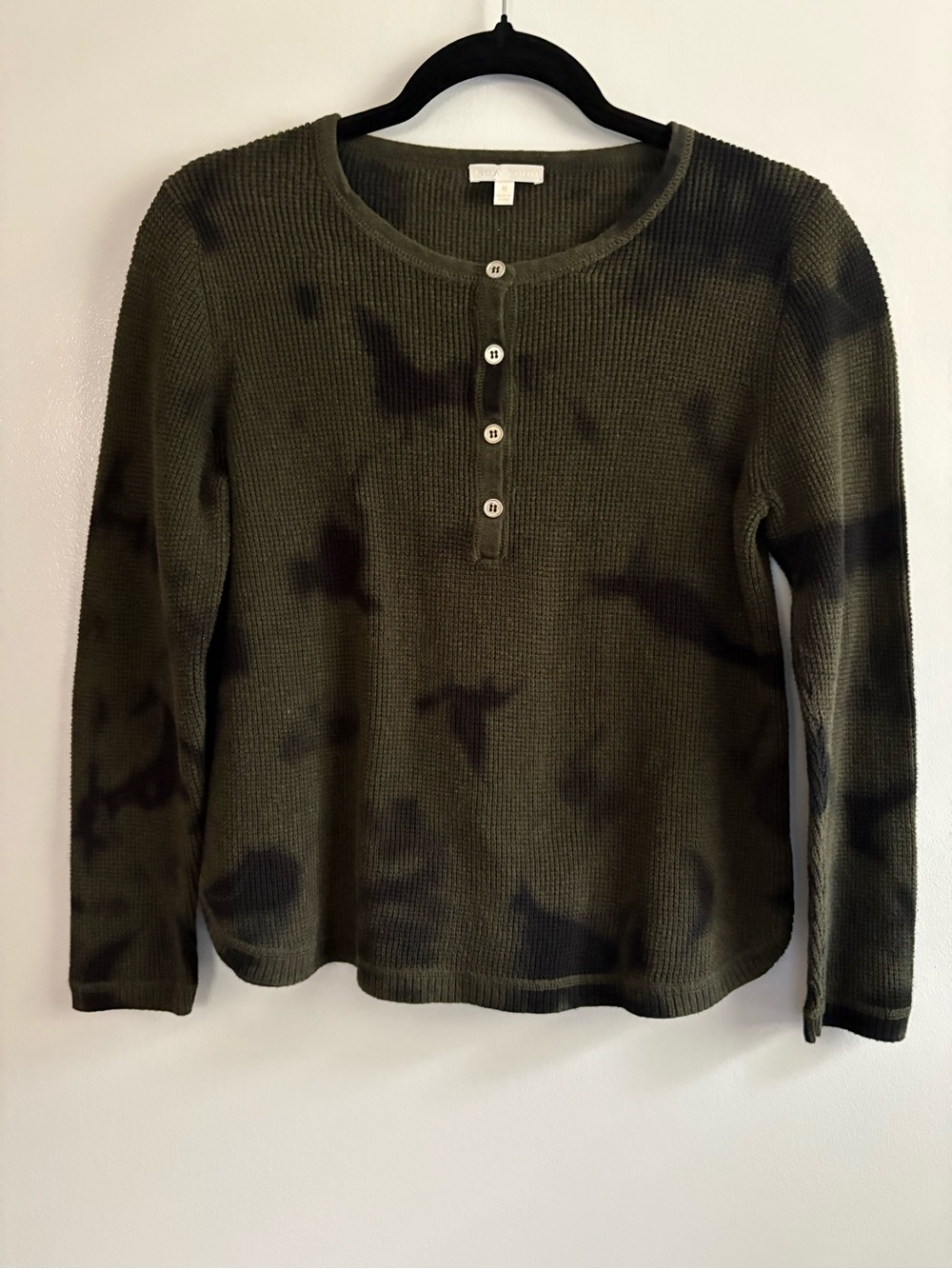 Lisa Todd Cotton Tie Dye Waffle Knit Henley Sweater Top Olive Green Medium